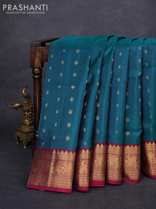 Peacock Green & Magenta Pink Pure Soft Silk Saree - Zari Buttas