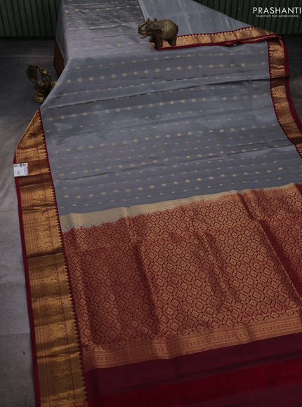 Grey & Maroon Pure Soft Silk Saree - Zari Buttas