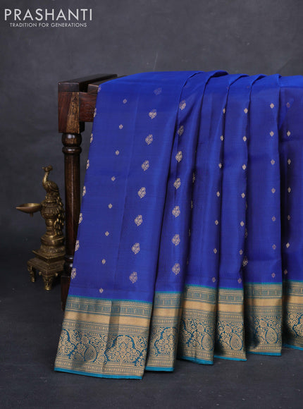 Blue & Peacock Blue Pure Soft Silk Saree - Zari Buttas