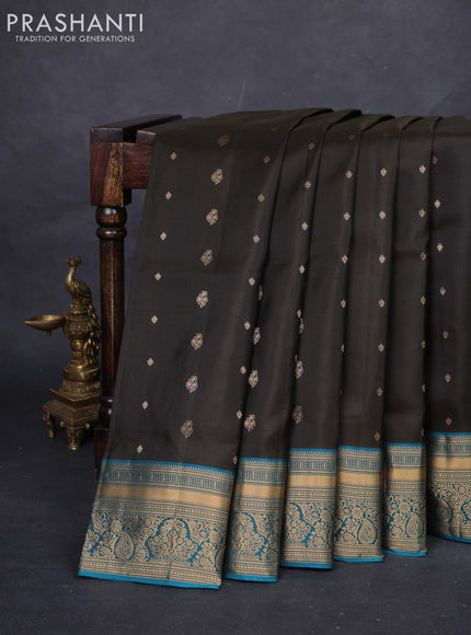 Coffee Brown & Peacock Green Pure Soft Silk Saree - Zari Buttas