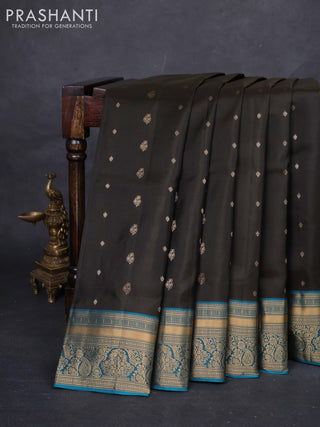 Coffee Brown & Peacock Green Pure Soft Silk Saree - Zari Buttas