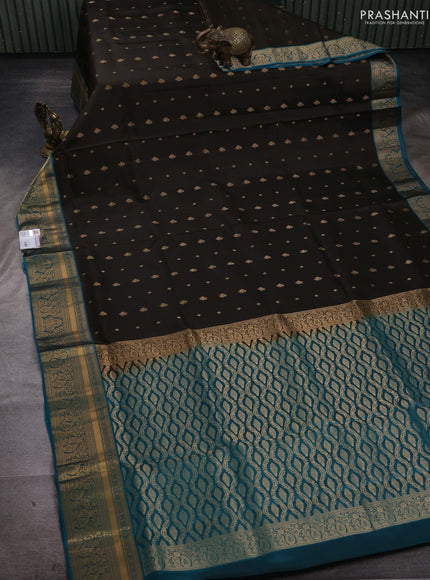 Coffee Brown & Peacock Green Pure Soft Silk Saree - Zari Buttas