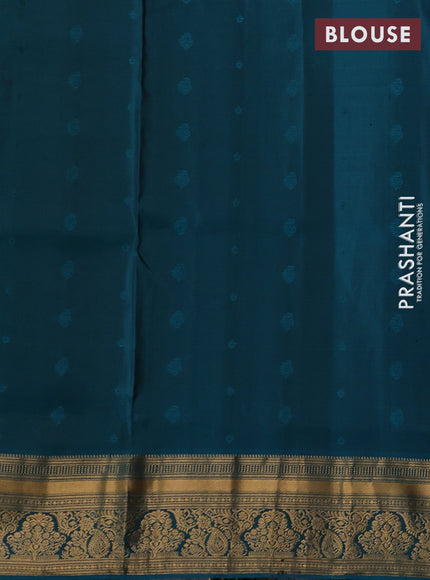 Coffee Brown & Peacock Green Pure Soft Silk Saree - Zari Buttas