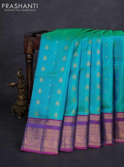 Teal Green & Pink Pure Soft Silk Saree - Zari Buttas