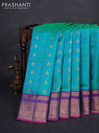 Teal Green & Pink Pure Soft Silk Saree - Zari Buttas