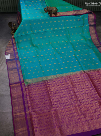 Teal Green & Pink Pure Soft Silk Saree - Zari Buttas