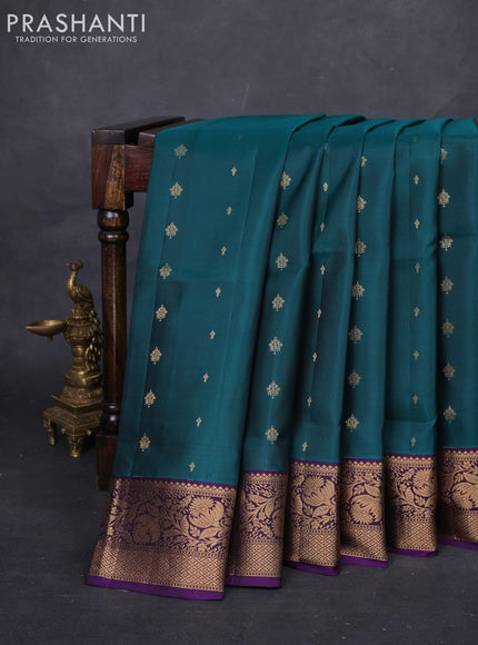 Peacock Green & Violet Pure Soft Silk Saree - Zari Buttas