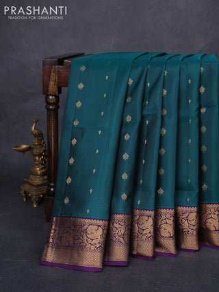 Peacock Green & Violet Pure Soft Silk Saree - Zari Buttas