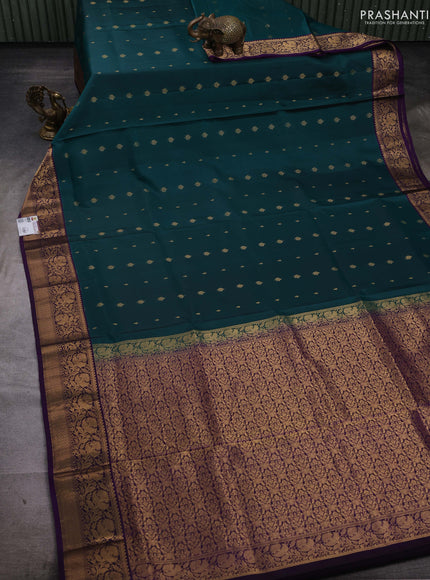Peacock Green & Violet Pure Soft Silk Saree - Zari Buttas