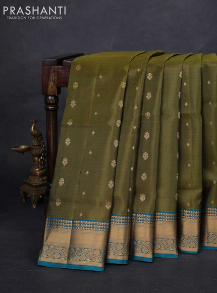 Mehendi Green & Peacock Green Pure Soft Silk Saree - Zari Buttas