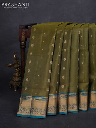 Mehendi Green & Peacock Green Pure Soft Silk Saree - Zari Buttas