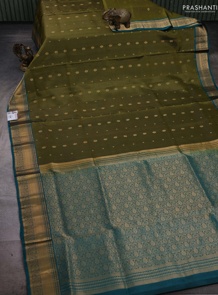 Mehendi Green & Peacock Green Pure Soft Silk Saree - Zari Buttas