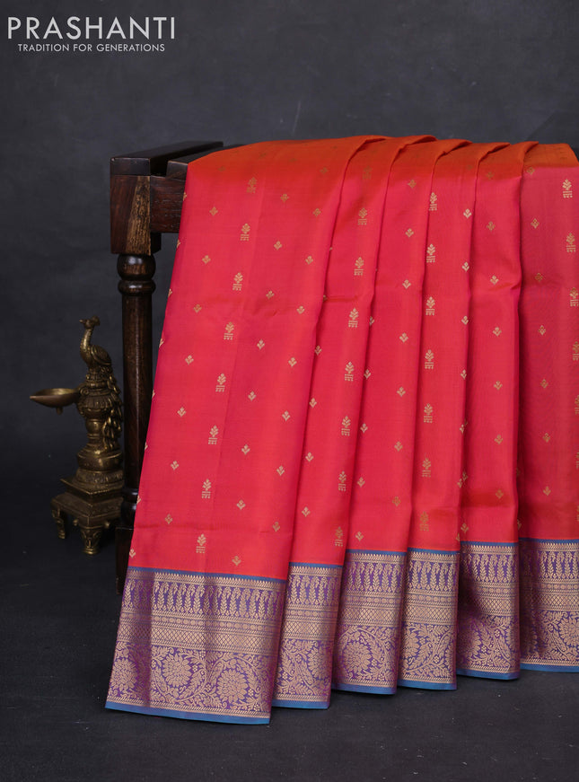 Pink & Peacock Blue Pure Soft Silk Saree - Zari Buttas