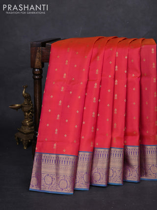 Pink & Peacock Blue Pure Soft Silk Saree - Zari Buttas