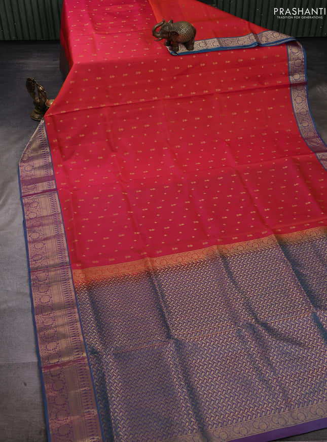 Pink & Peacock Blue Pure Soft Silk Saree - Zari Buttas