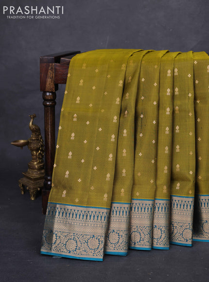 Mehendi Green & Peacock Green Pure Soft Silk Saree - Zari Buttas