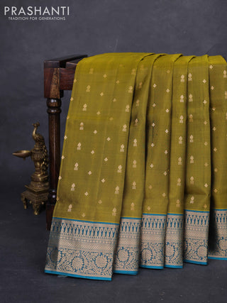 Mehendi Green & Peacock Green Pure Soft Silk Saree - Zari Buttas
