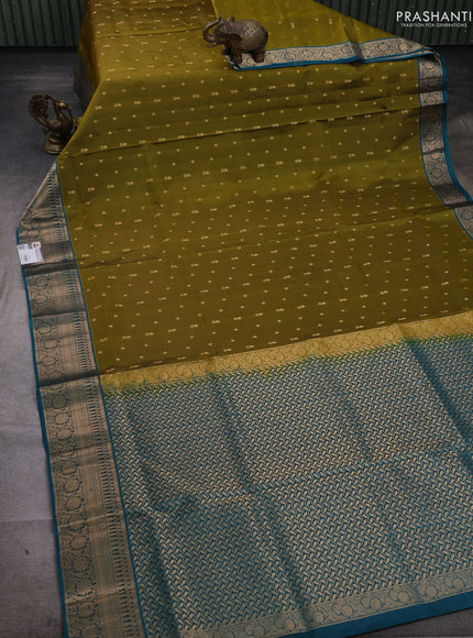 Mehendi Green & Peacock Green Pure Soft Silk Saree - Zari Buttas