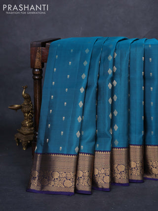 Peacock Green & Navy Blue Pure Soft Silk Saree - Zari Buttas