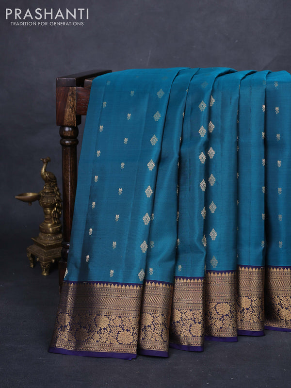 Peacock Green & Navy Blue Pure Soft Silk Saree - Zari Buttas