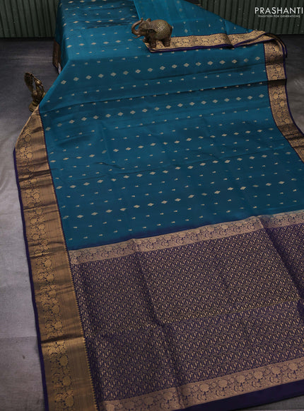 Peacock Green & Navy Blue Pure Soft Silk Saree - Zari Buttas