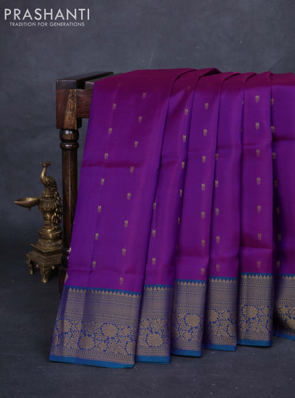 Purple & Peacock Blue Pure Soft Silk Saree - Zari Buttas