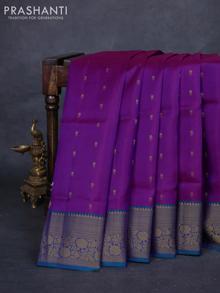 Purple & Peacock Blue Pure Soft Silk Saree - Zari Buttas