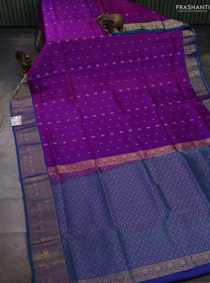 Purple & Peacock Blue Pure Soft Silk Saree - Zari Buttas
