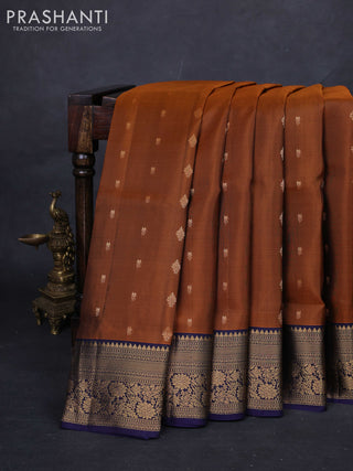 Rust  & Navy Blue Pure Soft Silk Saree - Zari Buttas
