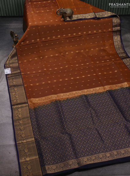 Rust  & Navy Blue Pure Soft Silk Saree - Zari Buttas
