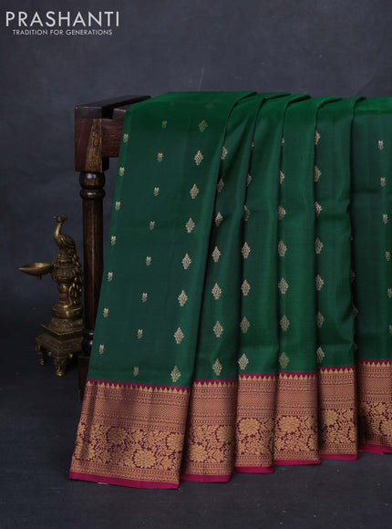 Green & Magenta Pink Pure Soft Silk Saree - Zari Buttas