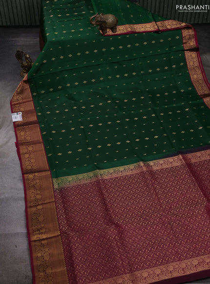 Green & Magenta Pink Pure Soft Silk Saree - Zari Buttas