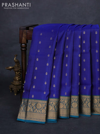 Blue & Peacock Green Pure Soft Silk Saree - Zari Buttas