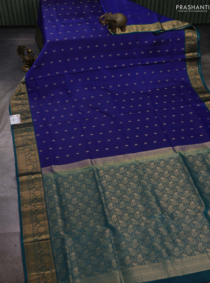Blue & Peacock Green Pure Soft Silk Saree - Zari Buttas