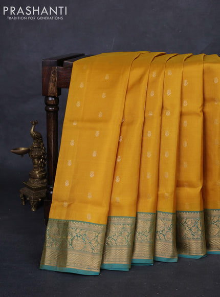 Mustard Yellow & Teal Green Pure Soft Silk Saree - Zari Buttas