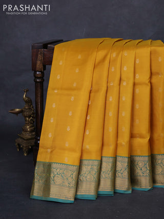 Mustard Yellow & Teal Green Pure Soft Silk Saree - Zari Buttas