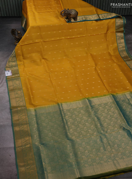 Mustard Yellow & Teal Green Pure Soft Silk Saree - Zari Buttas
