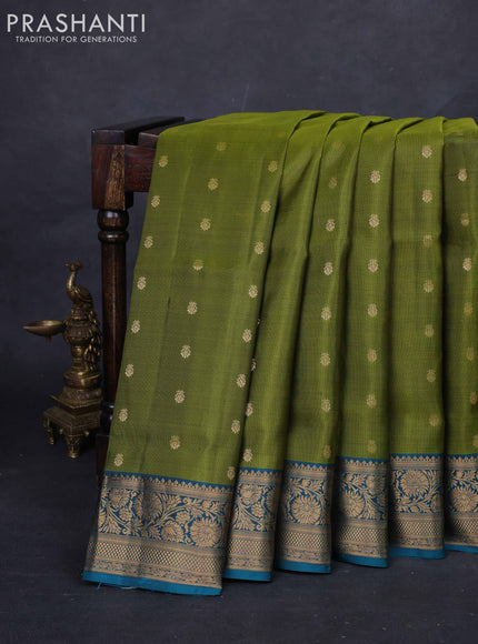 Light Green & Peacock Green Pure Soft Silk Saree - Zari Buttas
