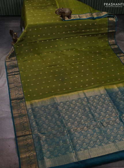 Light Green & Peacock Green Pure Soft Silk Saree - Zari Buttas