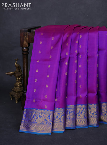 Purple & Teal Blue Pure Soft Silk Saree - Zari Buttas