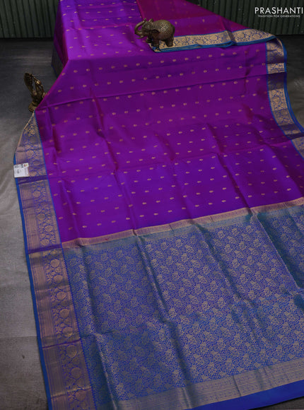 Purple & Teal Blue Pure Soft Silk Saree - Zari Buttas
