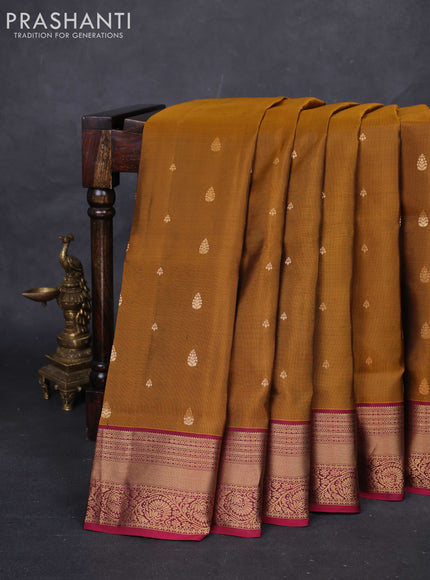 Dark Mustard & Magenta Pink Pure Soft Silk Saree - Zari Buttas