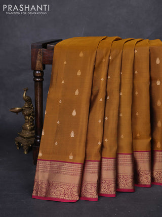 Dark Mustard & Magenta Pink Pure Soft Silk Saree - Zari Buttas