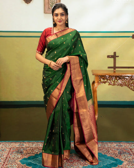 Bottle Green & Magenta Pink Pure Soft Silk Saree - Zari Buttas