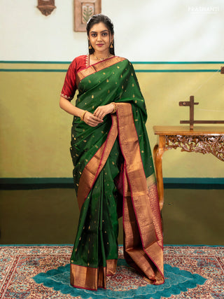 Bottle Green & Magenta Pink Pure Soft Silk Saree - Zari Buttas