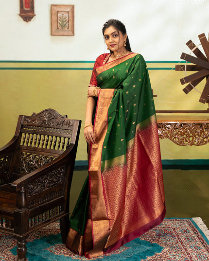 Bottle Green & Magenta Pink Pure Soft Silk Saree - Zari Buttas