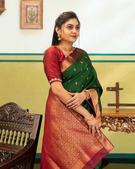 Bottle Green & Magenta Pink Pure Soft Silk Saree - Zari Buttas