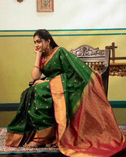 Bottle Green & Magenta Pink Pure Soft Silk Saree - Zari Buttas