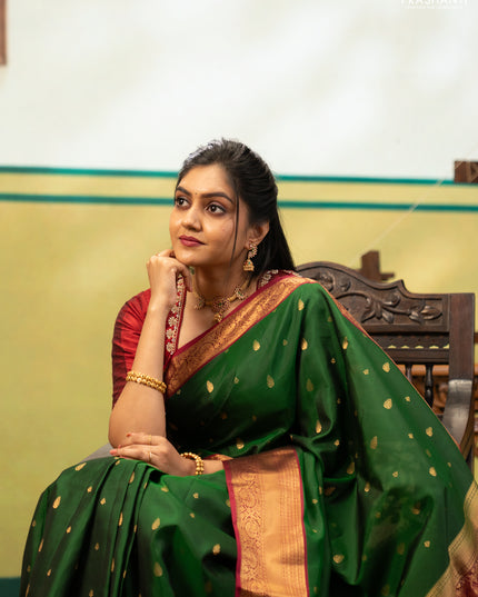 Bottle Green & Magenta Pink Pure Soft Silk Saree - Zari Buttas