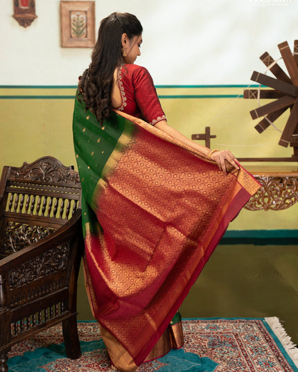 Bottle Green & Magenta Pink Pure Soft Silk Saree - Zari Buttas